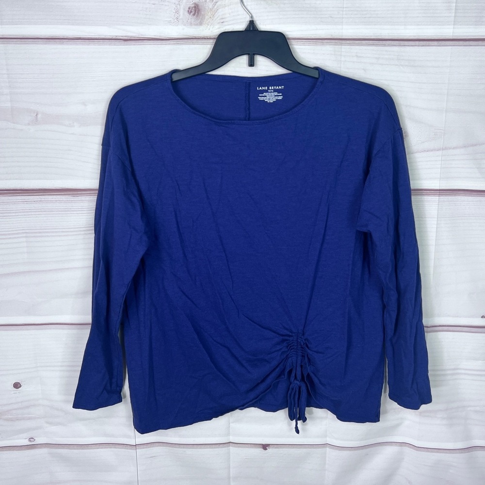 Lane Bryant Top Women 14 16 Blue Boat Neck T-Shirt Ruched Front Long Sleeve Knit